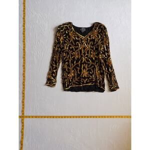 Vintage Sequin Beaded Joseph Le Bon Gold Floral Long Sleeve Silk Blouse